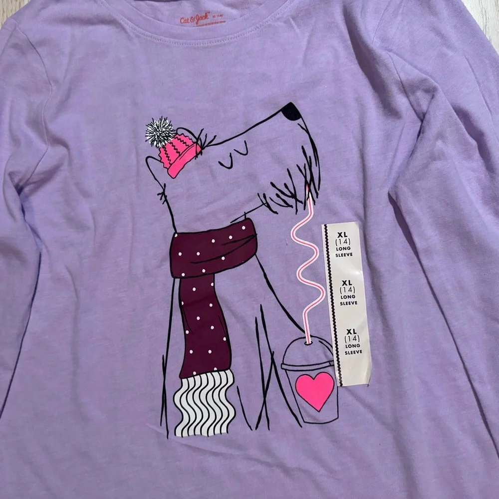 Cat & Jack Girls Size XL 14 Purple Winter Dog Graphic‎ Long Sleeve Tee NEW
